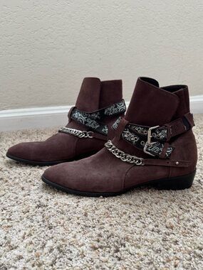 Men’s Brown Suede Ankle Bandana Strap Boots with Chain & Buckle Detail
